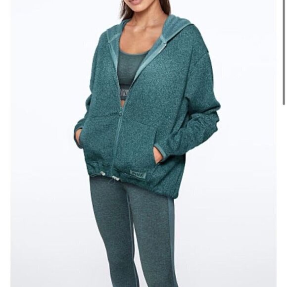 PINK VICTORIA’S SECRET Womens Full Zip Lightweight Hoodie Top Green S sz - Picture 1 of 7